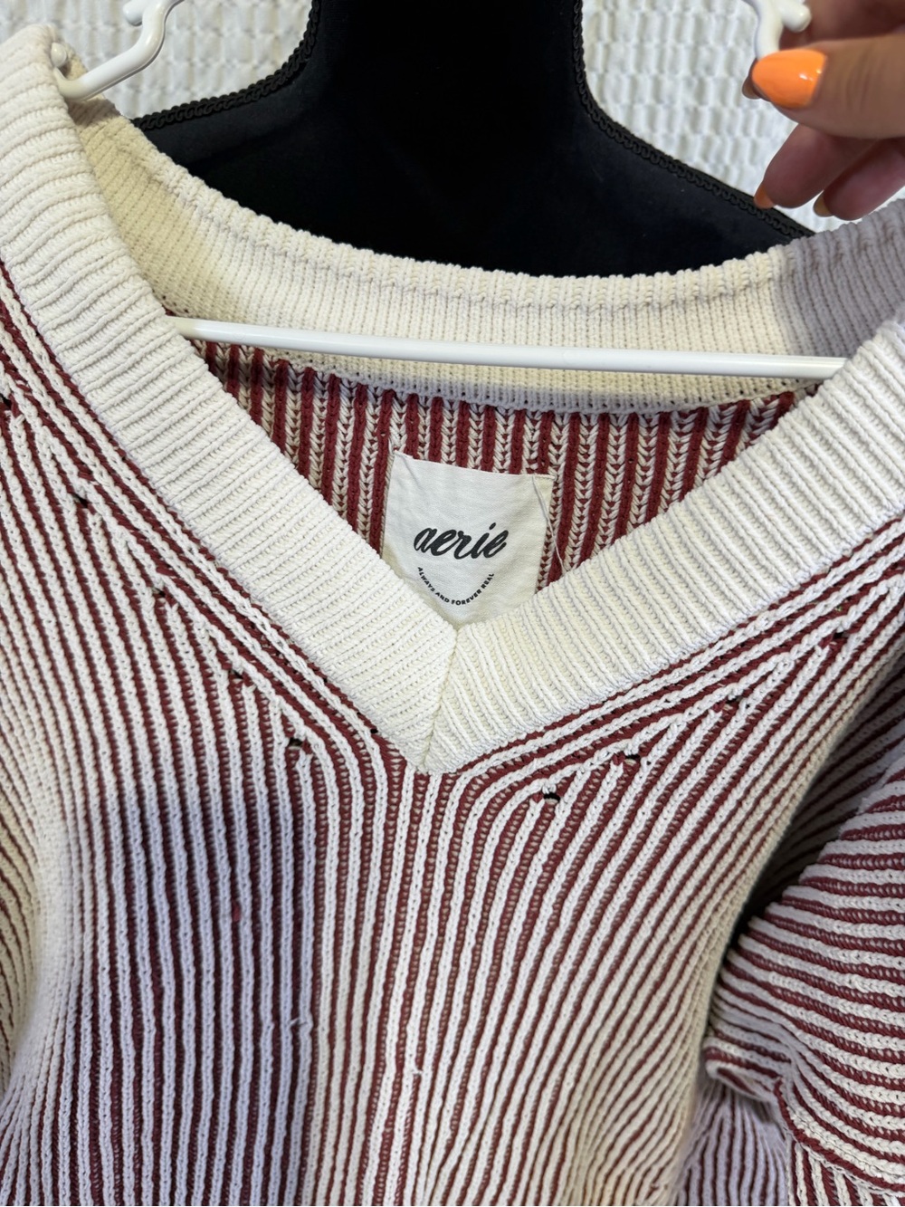 aerie Cream and Burgundy Striped V-Neck Sweater - Picture 4 of 5